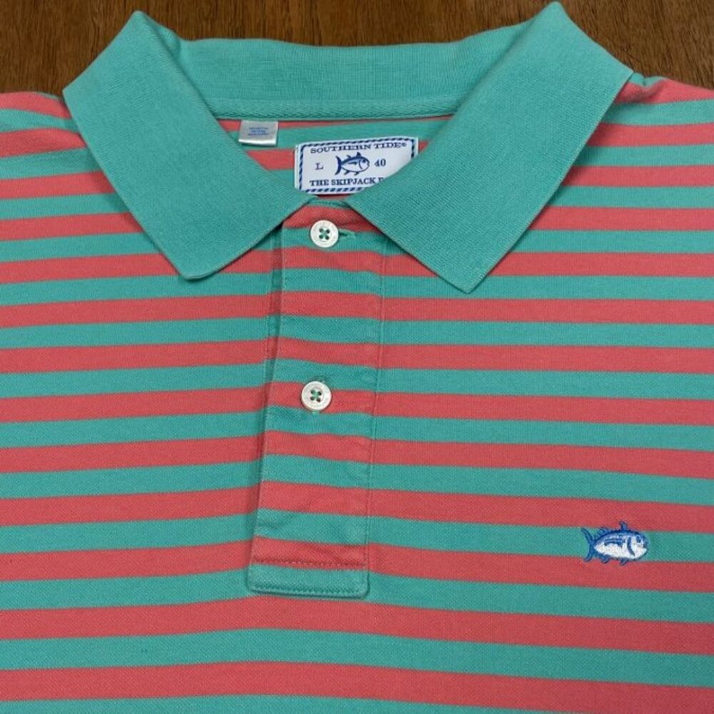 Southern Tide Men's Polo Shirt - Green & Pink Striped - Size L (40) - EUC
